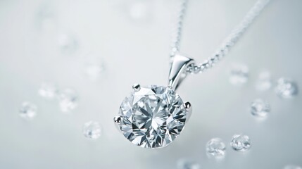 A top-down view of an elegant diamond pendant on a white background, the clear gemstone shimmering against the simple backdrop.