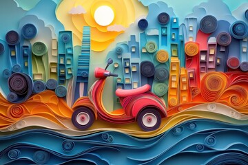 Obraz premium Modern Urban Mobility Concept - Paper Cut Quilling Electric Scooter in City Traffic