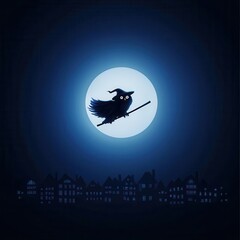 Owl dressed as a witch flying over a moonlit village, witch owl, spooky nocturnal creature