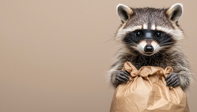 Raccoon dressed as a thief with a mask and a bag of loot, thief raccoon, mischievous Halloween animal