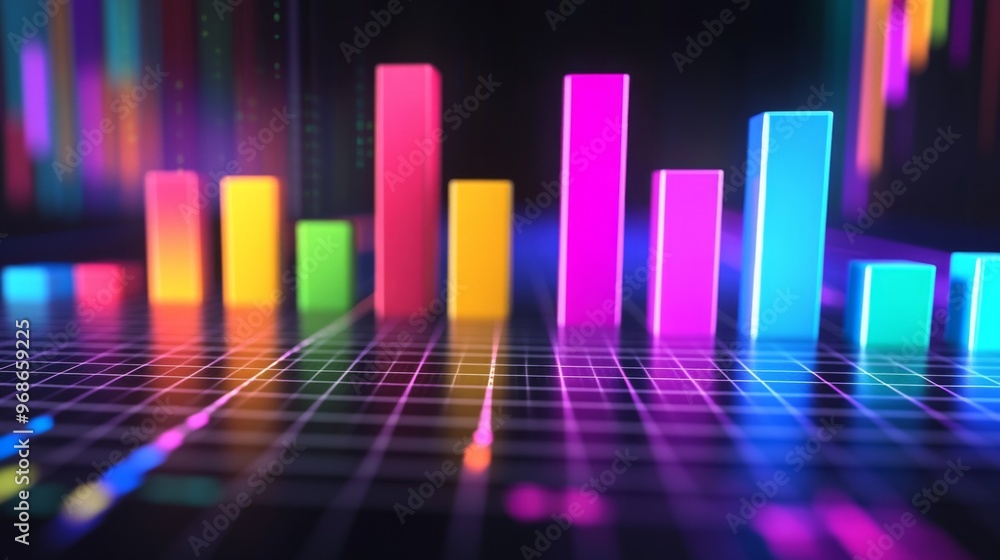 Poster A vibrant 3D bar graph with colorful bars rising from a grid background, representing financial growth and data analytics in a modern, futuristic design.