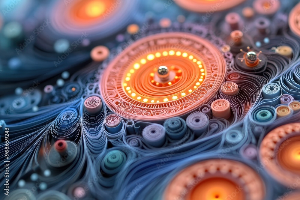 Poster futuristic quilling paper filigree quantum computer concept with intricate circuit web.