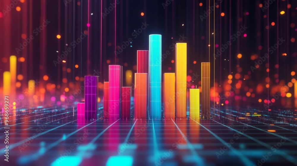 Poster A vibrant 3D bar graph with colorful bars rising from a grid background, representing financial growth and data analytics in a modern, futuristic design.
