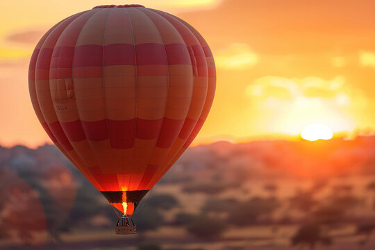 Hot Air Balloon Floating in the Sunset Sky &ndash; Evoking the Grandeur of Adventure with Blurred Ground Scenery in the Foreground, Perfect for Dreamers and Adventure Seekers
