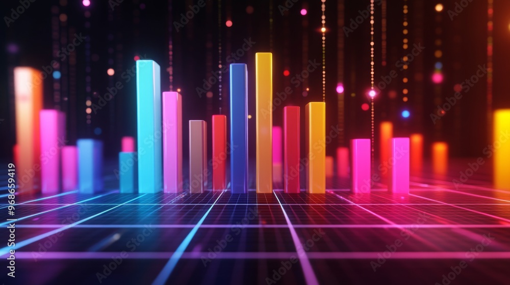 Poster A vibrant 3D bar graph with colorful bars rising from a grid background, representing financial growth and data analytics in a modern, futuristic design.