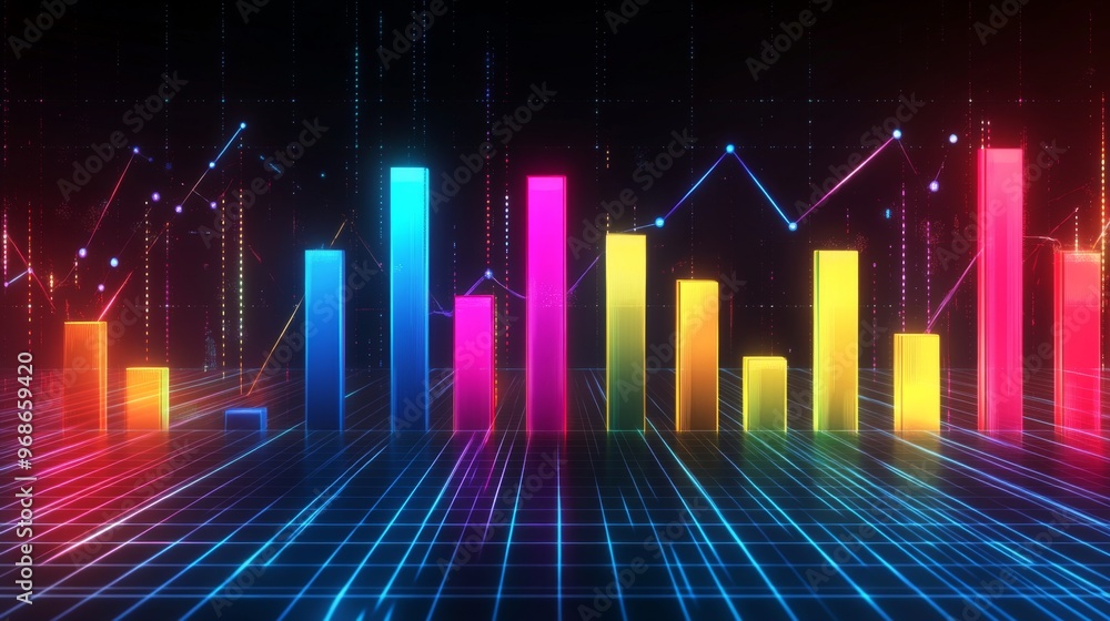 Poster A vibrant 3D bar graph with colorful bars rising from a grid background, representing financial growth and data analytics in a modern, futuristic design.