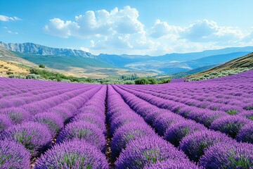 Fototapeta premium Scenic view of lavender field with mountains in the distance under blue sky
