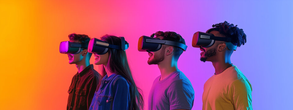 A diverse group of young adults immersed in a virtual reality experience with colorful gradient background lighting. - Powered by Adobe
