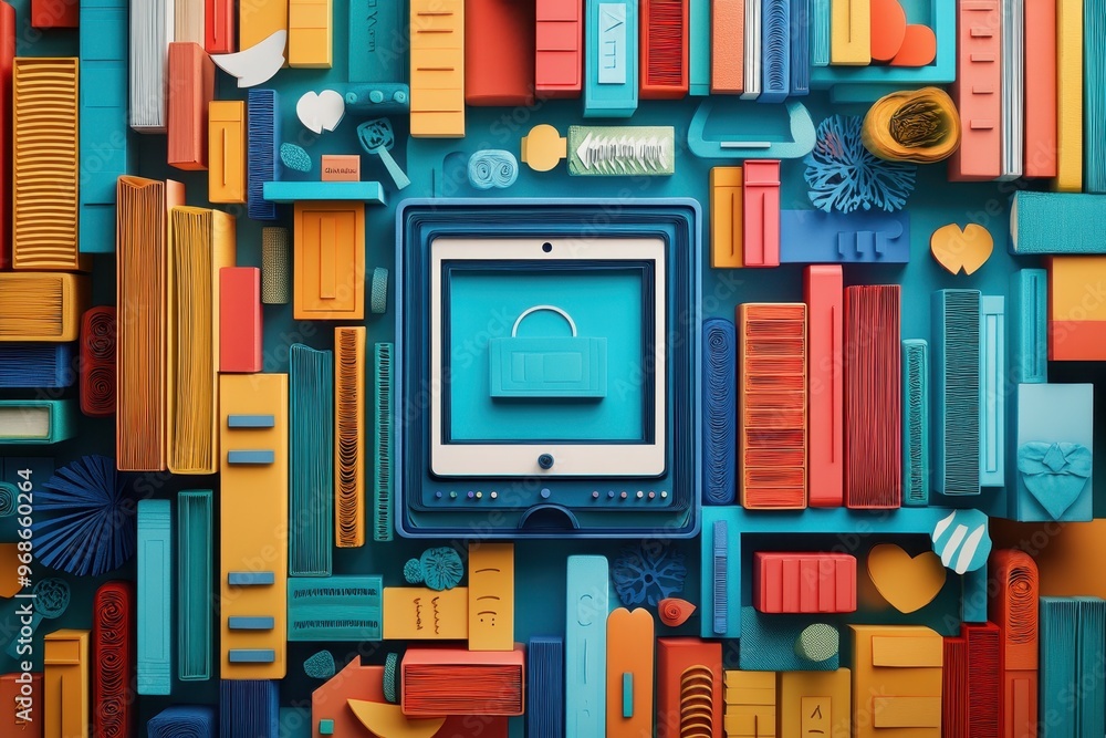 Poster digital reading revolution: quilling paper e-reader with floating books in paper cut style