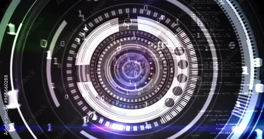 Poster animation of binary coding, digital data processing and scope scanning