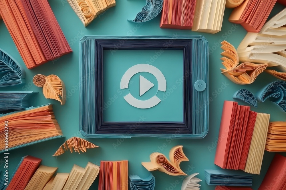 Aufkleber digital quilling: e-reader in paper cut style surrounded by floating books, technology of reading co