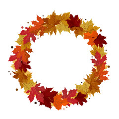 Vector isolated round frame of yellow dry autumn leaves. Border for text. Flat clipart for design