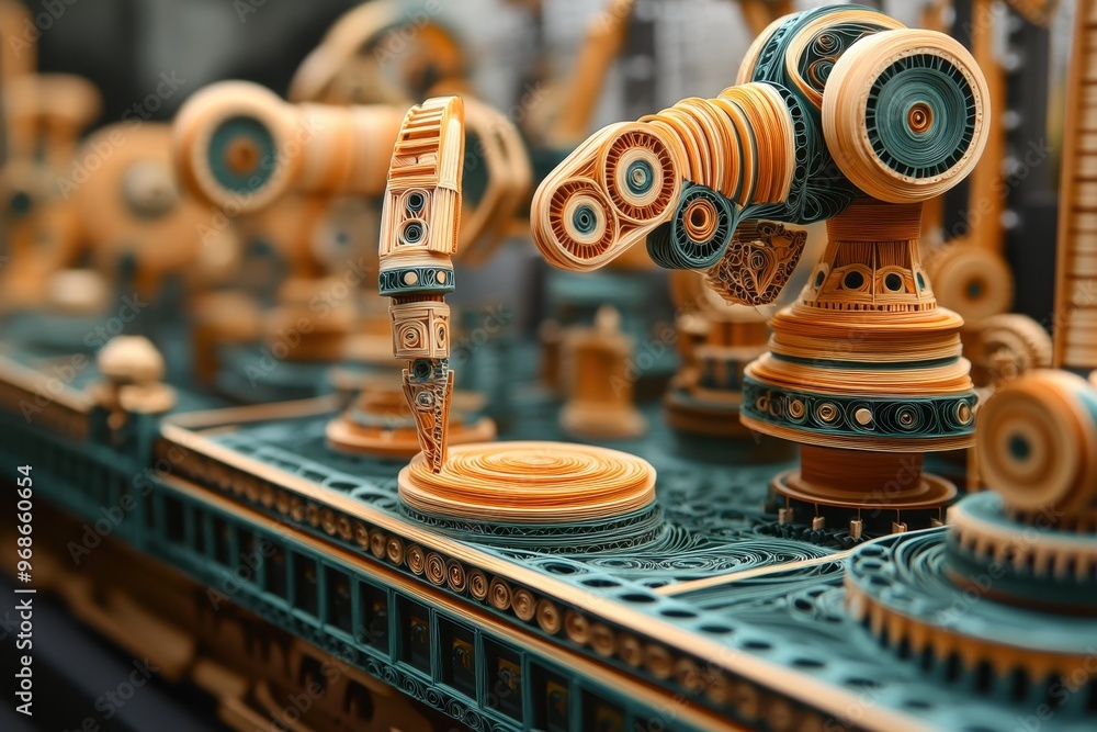 Poster futuristic paper quilling filigree factory automation - advanced manufacturing technology with robot