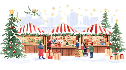 Cartoon Christmas market with festive stalls and twinkling lights. Christmas fair watercolor illustration