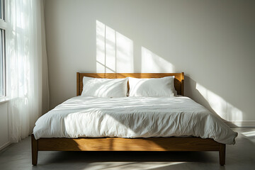 "Front View of Modern Wooden Bed in Studio Photography"