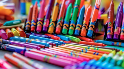 A colorful array of markers and crayons spread out on a table, ready for creative use