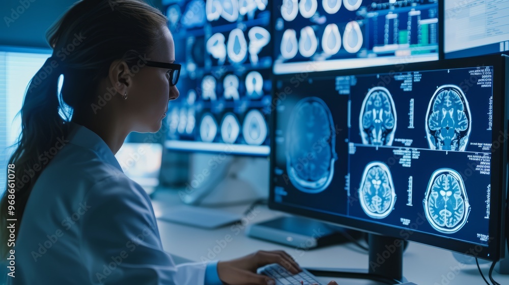 Aufkleber A woman is looking at a computer monitor with a picture of a brain on it