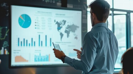 Obraz premium Tech-enabled digital marketing experts with dynamic graphs, charts and icons for office market research. With tools such as laptops and tablets displaying visualizations, This scene conveys the concep