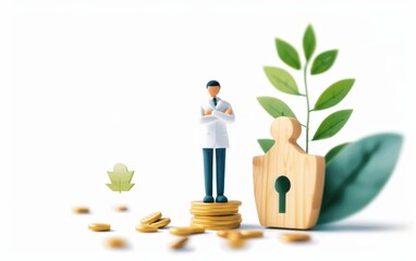 A healthcare professional standing confidently on coins, symbolizing financial growth, security, and the importance of health investments.