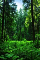A lush green forest with towering trees and vibrant undergrowth, creating a serene natural landscape full of life.
