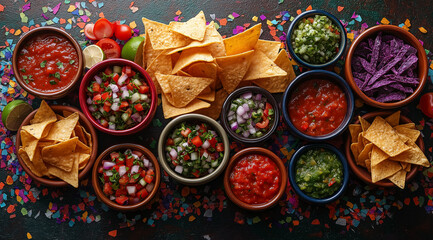 Fototapeta premium Nachos, salsa and salads on a black background top view, created with Generative AI technology