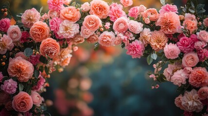 Flower arch with pink and peach roses, romantic garden setting. Nature beauty and floral decoration concept
