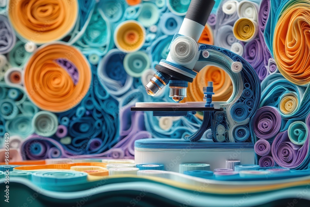 Poster digital microscope analysis of intricate quilling paper filigree in paper cut style symbolizing mode