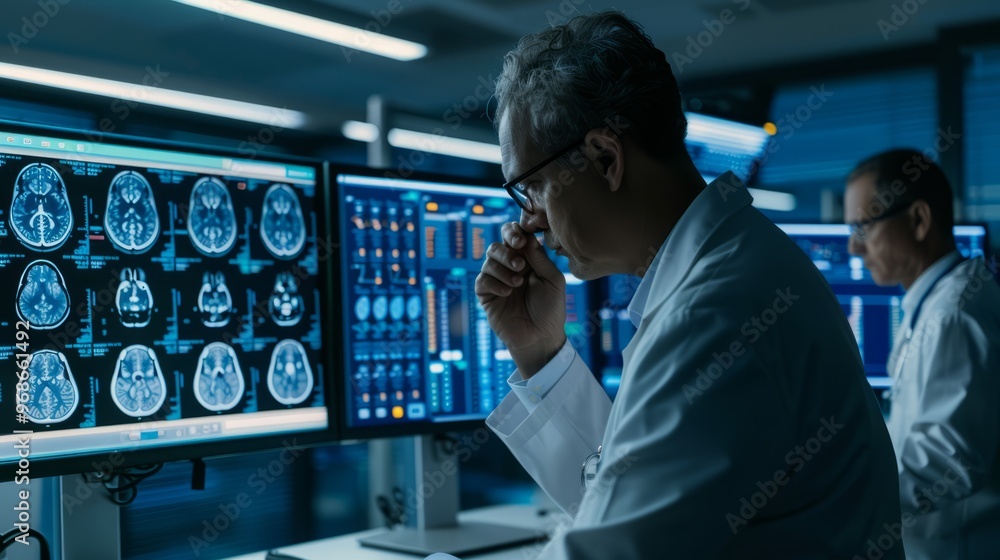 Poster A man in a lab is looking at a computer monitor with a lot of images on it