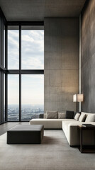 Modern minimalist living room in a penthouse apartment with large windows, elegant lighting and stylish furniture. Luxury Real Estate interior design composition with copyspace