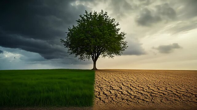Climate change concept. contrast of green to dry and barren. a tree growing in the center of a dry vs green field