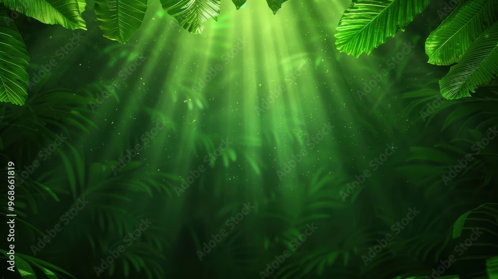 Poster a serene forest scene with rays of light filtering through lush green leaves, creating a tranquil an
