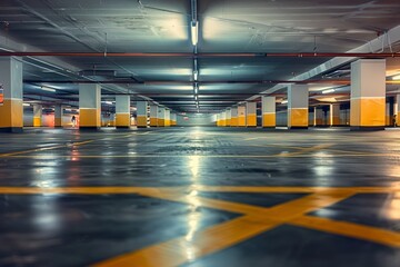 Big empty underground parking without people. AI generative