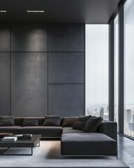 Modern minimalist living room in a penthouse apartment with large windows, elegant lighting and stylish furniture. Luxury Real Estate interior design composition with copyspace