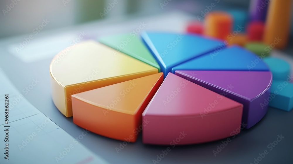 Poster close-up of a 3d pie chart with a portion pulled out to emphasize a specific segment, showcasing det