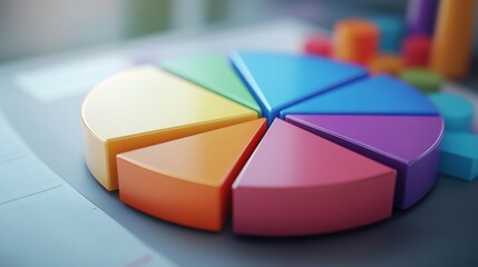 Obraz premium Close-up of a 3D pie chart with a portion pulled out to emphasize a specific segment, showcasing detailed data and a modern, professional look.