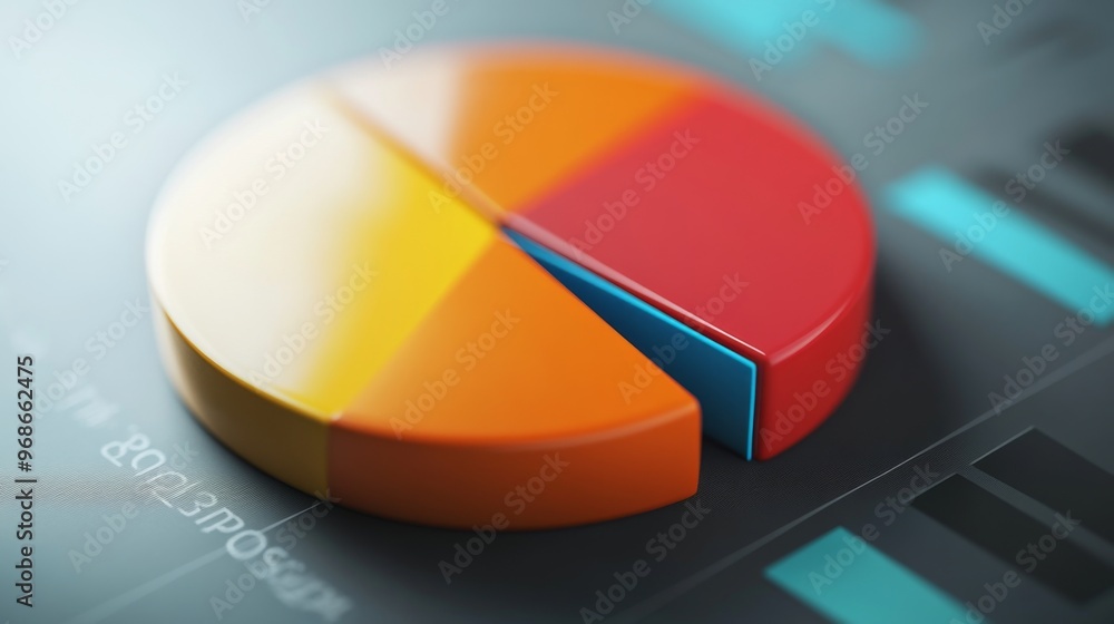 Poster close-up of a 3d pie chart with a portion pulled out to emphasize a specific segment, showcasing det
