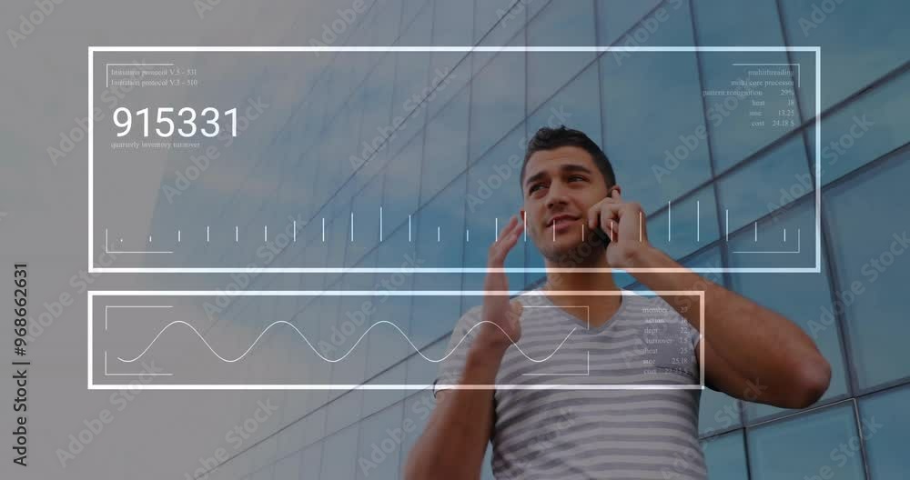 Poster animation of data processing over caucasian man using smartphone