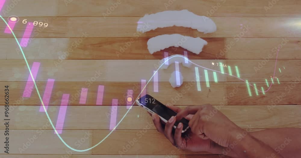 Poster animation of financial data processing and wifi icon over caucasian woman using smartphone