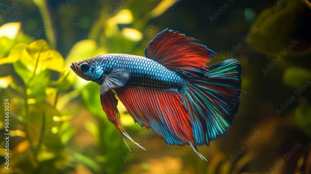 Poster close-up of a betta fish with a mesmerizing array of colors and delicate fins, swimming elegantly th