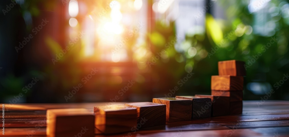 Poster a warm sunlight shines on wooden blocks arranged creatively on a table, creating a serene and inspir