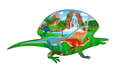 Fototapeta premium Prehistoric landscape with cartoon paper cut dinosaur silhouette filled with dino spices antarctosaurus, amurisaurus, oxalaia and brachiosaurus amidst lush greenery, waterfalls, and rocky terrains