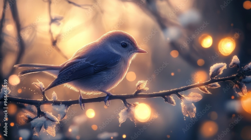 Poster Close-up of a bird with detailed feather patterns, perched on a branch, with a background of softly glowing lights adding depth and a magical feel to the scene.