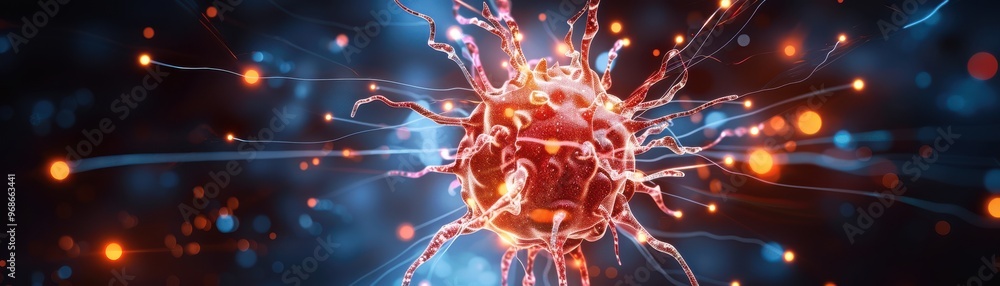 Poster abstract depiction of a cell with dynamic lighting, showcasing its intricate structures and vibrant 