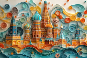 Obraz premium Intricate Quilling Paper Filigree Kremlin in Moscow with Russian Architectural Patterns