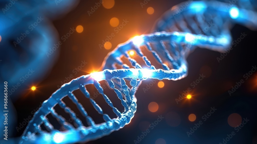 Poster close-up of a dna double helix structure illuminated by glowing particles, representing genetics and