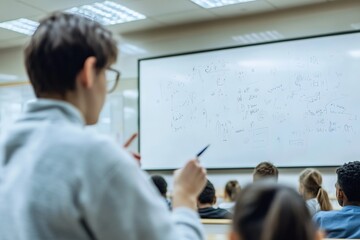 Student contemplates math problem on whiteboard in class