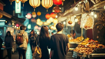 A group of friends exploring a bustling night market in an Asian city, with colorful lanterns and street food stalls - Powered by Adobe