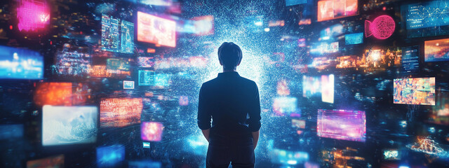 Fototapeta premium A person in a dark environment observes a virtual, holographic display filled with various digital screens and data projections, symbolizing technology immersion.