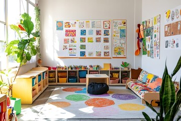 Bright classroom with colorful decorations and sunny ambience