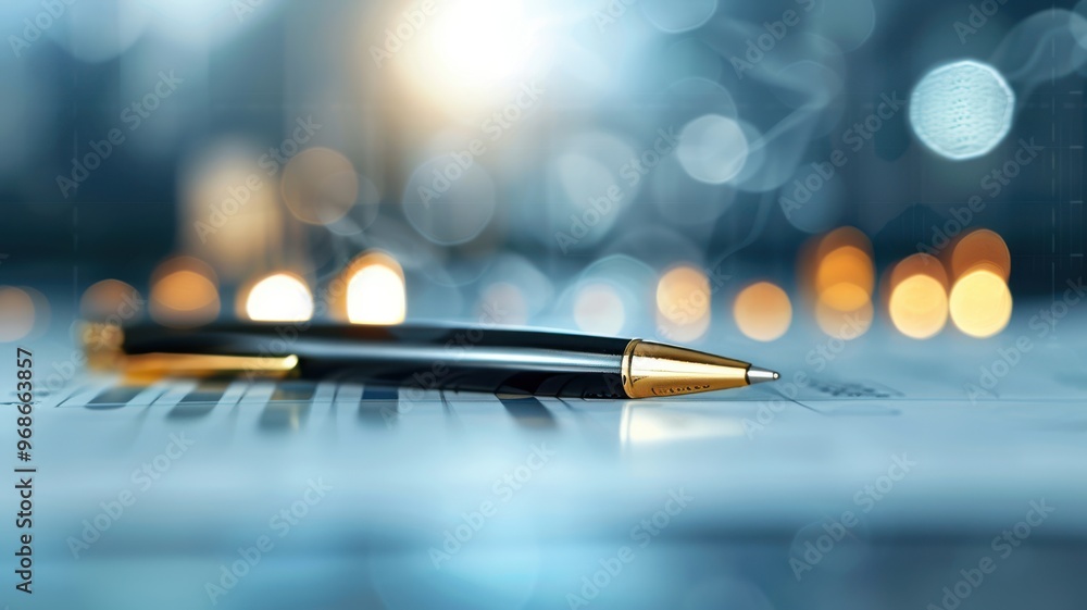 Poster close-up of a pen resting on document with blurred background, creating an atmosphere of focus and p